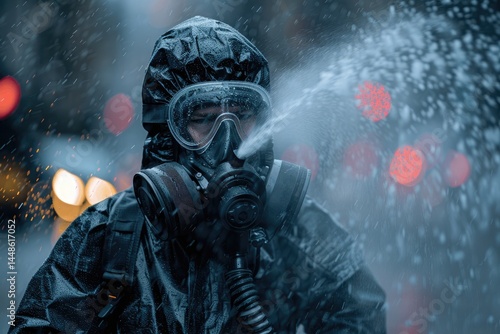 Obraz na płótnie A person wearing protective gear is sprayed with water outside w salonie
