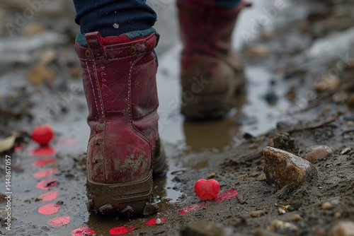 Obraz na płótnie A person wearing boots walking in a muddy puddle outside w salonie