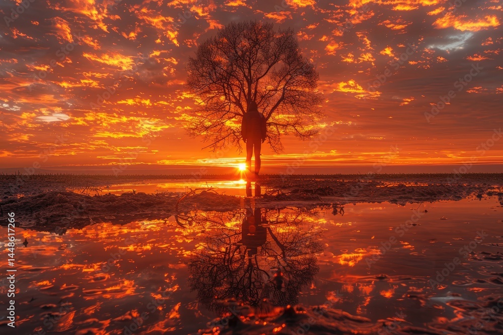A person standing under a tree during a beautiful sunset