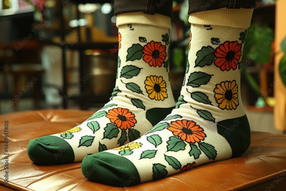 A person wearing colorful flower patterned socks on their feet