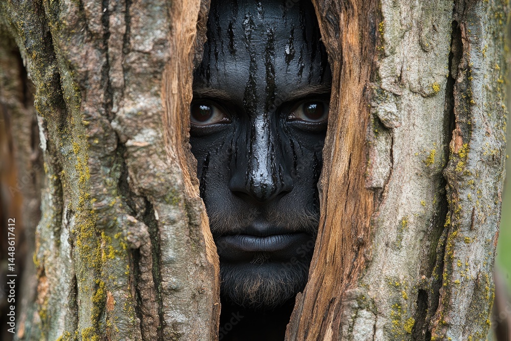 A person with black painted face peers through the tree trunk