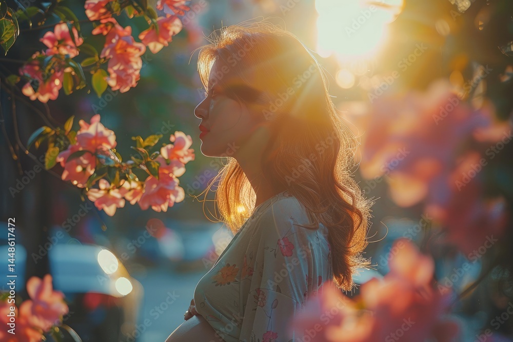 A pregnant woman enjoys the sunlight and beautiful blossoming flowers