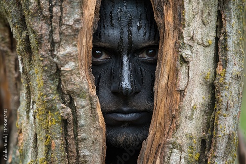 Obraz na płótnie A person with black painted face peers through the tree trunk w salonie