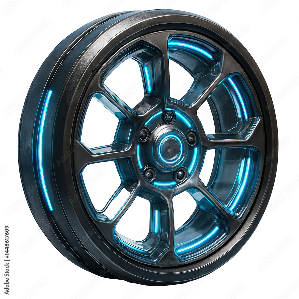 Obraz premium Sleek metallic performance wheel illuminated by vibrant blue neon lighting, showcasing a futuristic design.