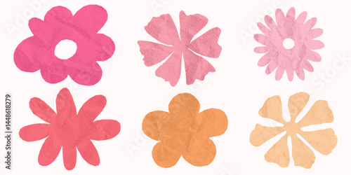 Crumpled paper wildflower flat silhouettes on white background. Cute notebook pink stickers set with jagged torn edges, gritty dotted texture, halftone.