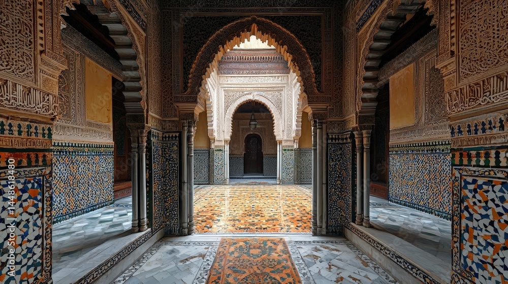 Obraz premium Intricate Moroccan courtyard architecture with detailed tilework.
