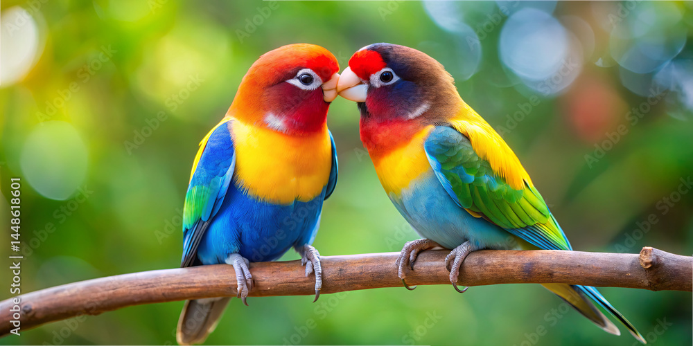 Obraz premium Two brightly colored birds with striking patterns sit closely on a branch, engaging in a tender interaction. The background is a blur of green, creating a serene atmosphere