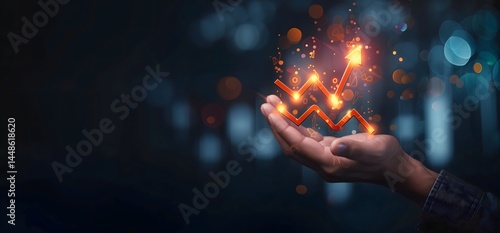 hand gently touches glowing upward trend line symbolizing success business and vision concept