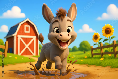 Cute cheerful donkey illustration, 3d animation farm animals and wildlife, cartoon