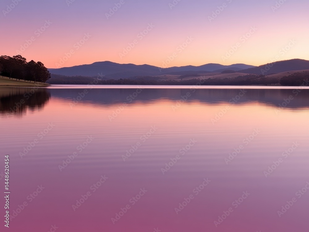 Obraz premium Serene lake reflection at twilight with pastel colors and distant mountains offering a tranquil nature scene for peaceful contemplation and scenic beauty