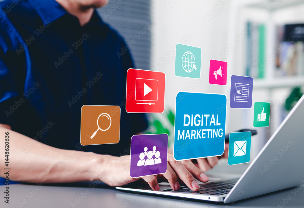 Digital Marketing Strategy Concept. A person using laptop with digital marketing icons representing SEO SEM SMM, video, email, web, advertising, ad, social media, shopping online, and analytics tools. Digital Marketing Strategy Concept. A person using laptop with digital marketing icons representing SEO SEM SMM, video, email, web, advertising, ad, social media, shopping online, and analytics tools.