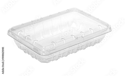 Empty transparent plastic container with lid, retail packaging
