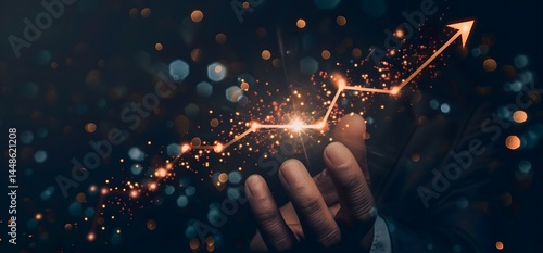 hand gently touches glowing upward trend line symbolizing success business and vision concept