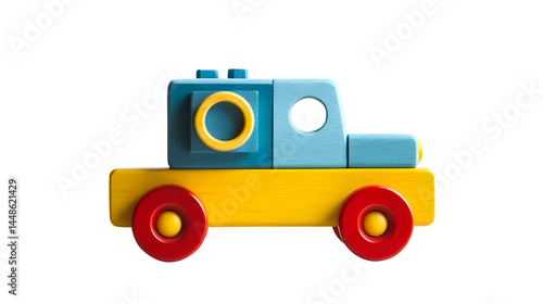 A wooden toy car with a yellow and red wheel