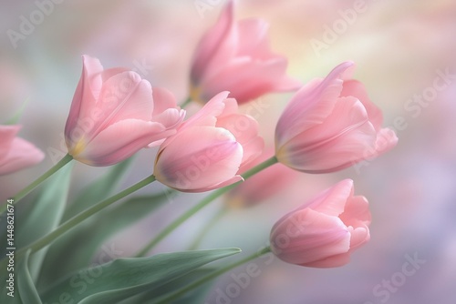 Colorful Tulips flowers blooming in Spring.Close-up of sweet pink tulip flowers blooming in the garden with soft morning sunlight on a blurred background.