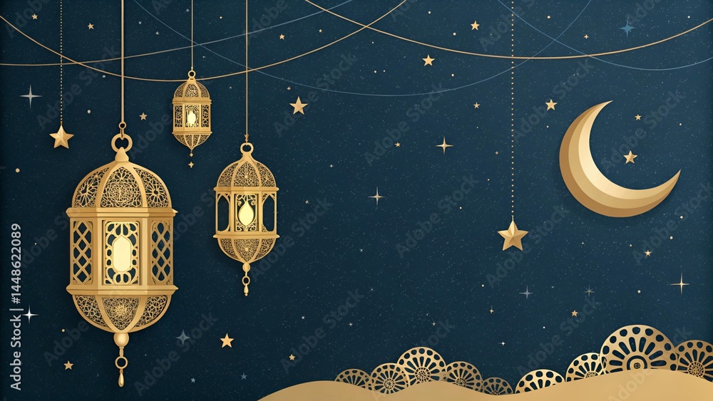 Fototapeta premium Dark Blue Background with Lanterns, Crescent Moon, and Starry Sky