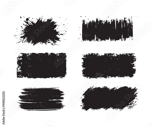Set of black paint, ink brush strokes.