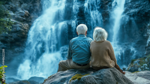 Senior couple sitting on rock admiring majestic waterfall surrounded by nature, perfect for love, adventure, retirement, travel inspiration, and peaceful lifestyle visuals