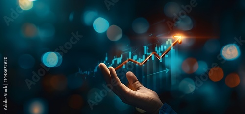 hand gently touches glowing upward trend line symbolizing success business and vision concept