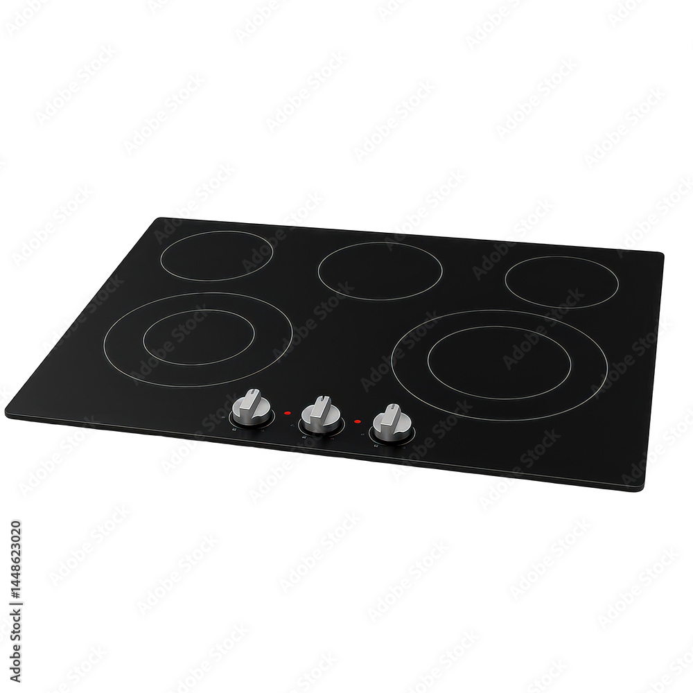 Fototapeta premium Modern black electric kitchen cooktop with sleek ceramic glass surface, featuring five heating elements and classic control knobs.