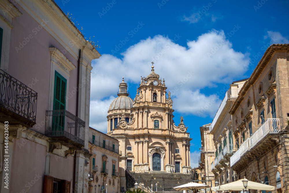 Fototapeta premium Facade of the duomo di San Giorgio in Ragusa, Sicily, Italy, in the square of the duomo with its typical staircase