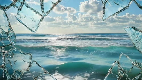 Ocean view through broken glass