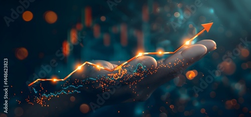 hand gently touches glowing upward trend line symbolizing success business and vision concept