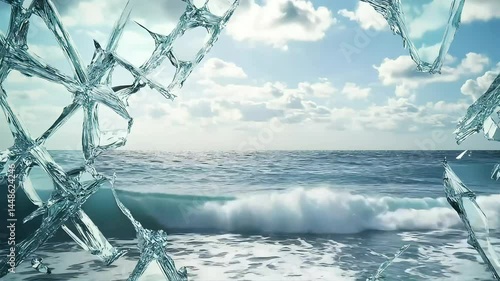Ocean view through shattered glass