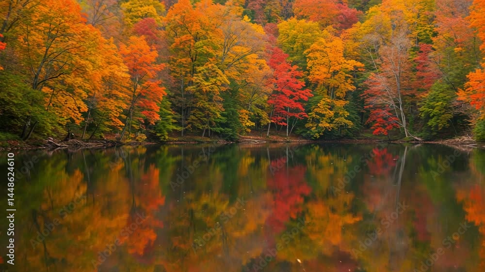 Autumn Lake View with Colorful Trees and Water Reflections On The Lake