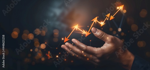 hand gently touches glowing upward trend line symbolizing success business and vision concept