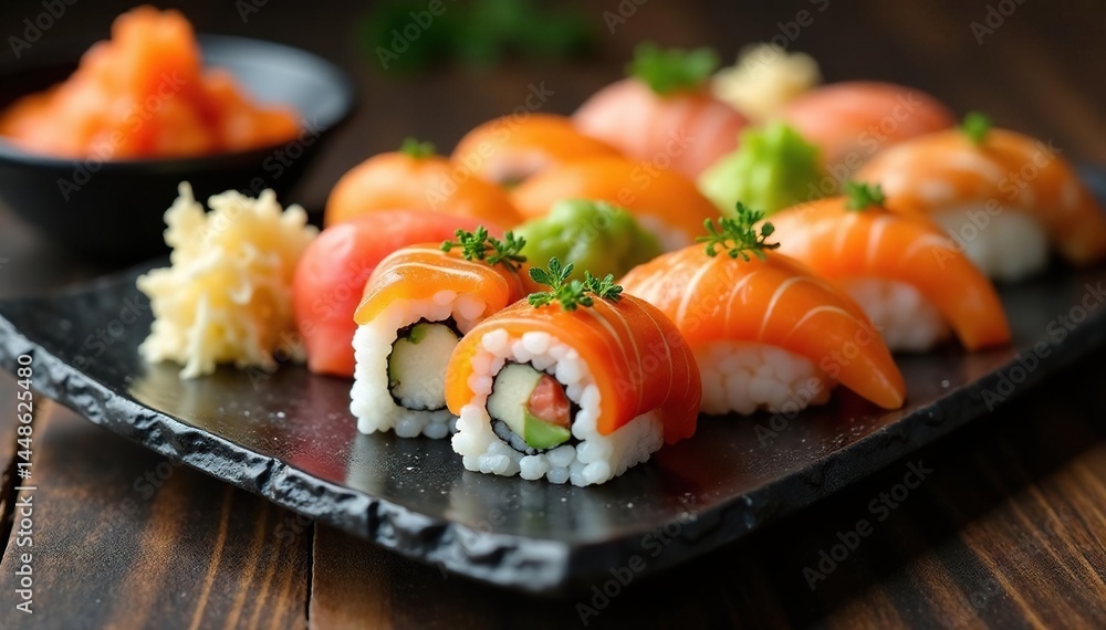 Colorful sushi platter, various rolls, wasabi, ginger, avocado, gastronomy, sushi Colorful sushi platter, various rolls, wasabi, ginger, avocado, gastronomy, sushi