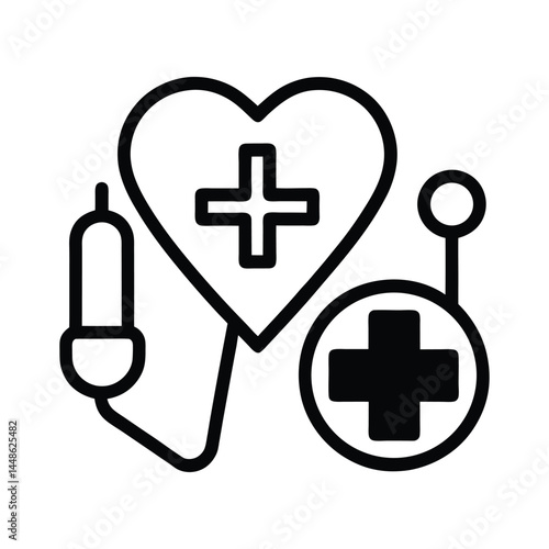 Heart Health Monitoring EKG, Stethoscope, and Medical Cross Icon Set