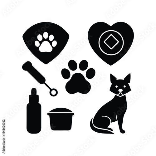 Pet Care Supplies Icons of Dog and Cat Accessories, Food, and Toys