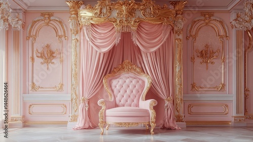 Pink and gold ornate throne chair in a luxurious palace room.