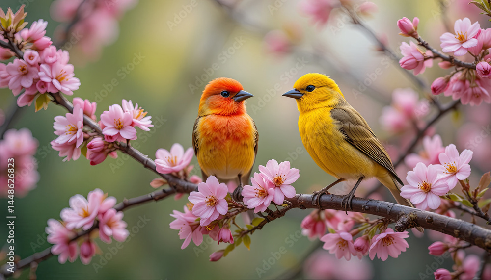 Two vibrant birds are sitting close together on a branch adorned with delicate cherry blossoms during a sunny spring day. Their colors contrast beautifully with the flowers surrounding them Two vibrant birds are sitting close together on a branch adorned with delicate cherry blossoms during a sunny spring day. Their colors contrast beautifully with the flowers surrounding them
