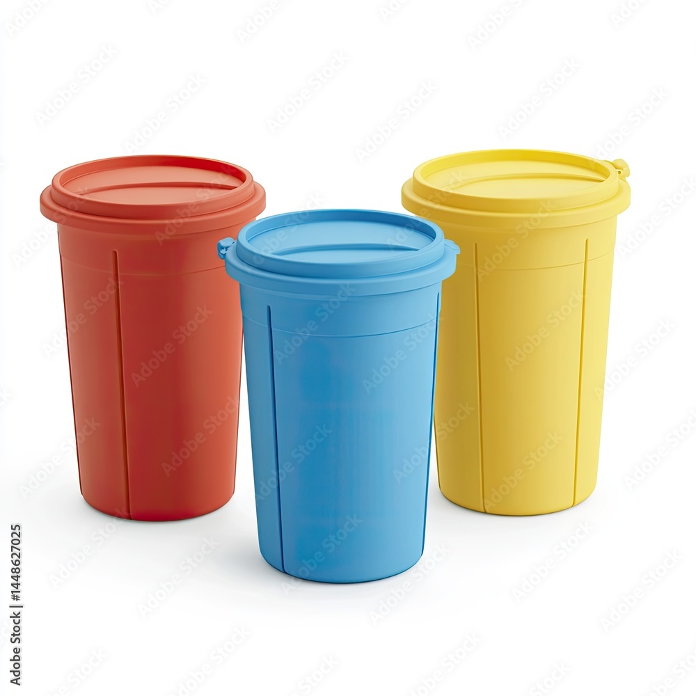 Three Colorful Plastic Containers on White Background: Red, Blue, Yellow Recycling Bins for Waste Management Three Colorful Plastic Containers on White Background: Red, Blue, Yellow Recycling Bins for Waste Management