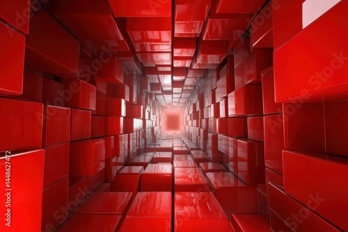 Fototapeta Naklejka Na Ścianę i Meble -  Vivid red tunnel composed of smooth, wide blocks creating a seamless visual experience, 3d tunnel spinning smooth red wide blocks, seamless