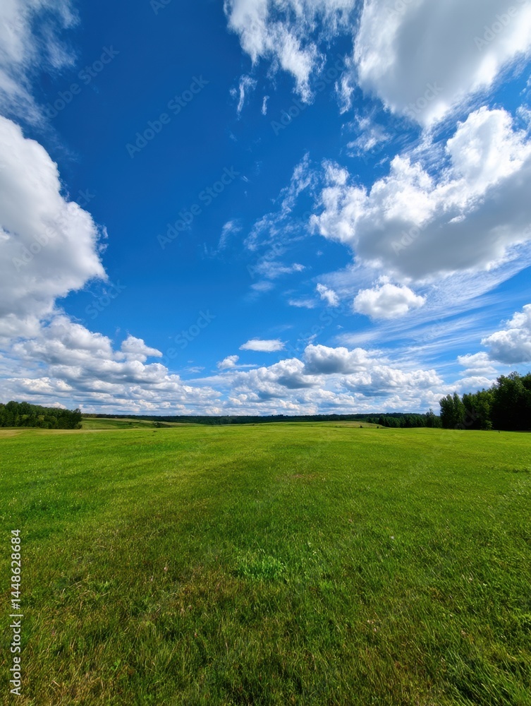 Obraz premium Expansive green meadow under a bright blue sky dotted with fluffy white clouds on a sunny day showcasing nature's beauty and tranquility in a serene landscape