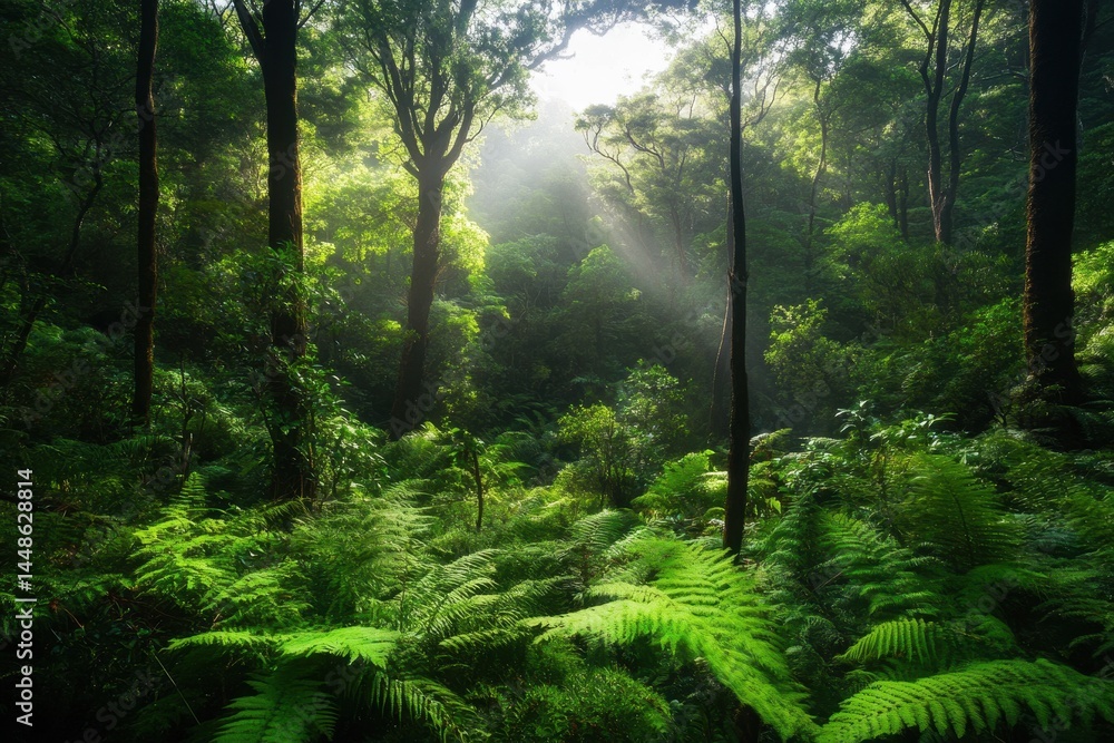 Obraz premium Vibrant green foliage and sunlight filtering through trees in Tasmania's rainforest, Australian rainforest green vegetation Tasmania nature landscape