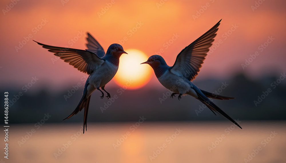 Fototapeta premium Swallows soar gracefully against the backdrop of a stunning sunset, their wings spread wide. The colorful sky reflects on the tranquil lake below, creating a serene atmosphere