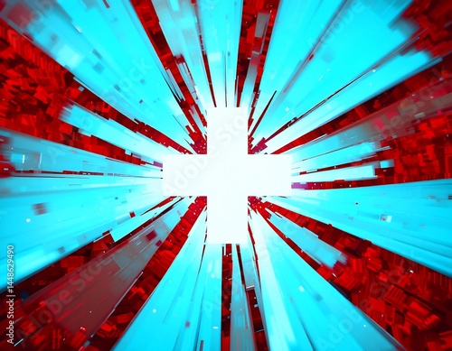 Radiant Swiss Cross with Cyan and Red Digital Light Beams