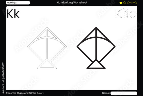 Trace Letter K. Colorful Kite Coloring Page for Kids. Printable Vocabulary Builder. Educational Vector Worksheet
