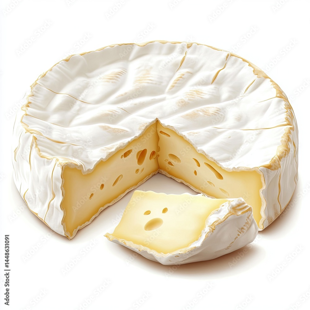 A Delicious Creamy Camembert Cheese Wheel Sliced Open, Revealing its Soft, Creamy Interior and Rich, Buttery Texture. A Perfect Culinary Delight A Delicious Creamy Camembert Cheese Wheel Sliced Open, Revealing its Soft, Creamy Interior and Rich, Buttery Texture. A Perfect Culinary Delight