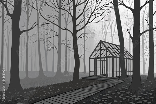 15 Dark misty forest, bare trees, eerie atmosphere, black and white photography, minimalist glass structure, wooden platform, surreal installation art, ethereal landscape, autumn leaves on ground, mys