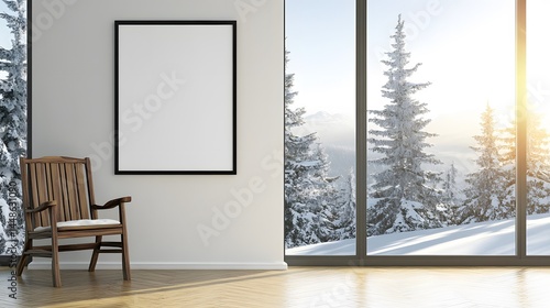 Winter Mountain View Room Mockup with Wooden Chair and Blank Frame