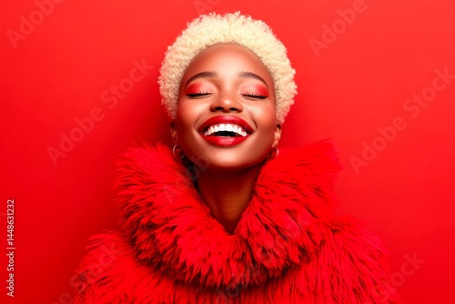 Obraz na płótnie Stunning happy black girl - for ads, brochure and internet marketing use. Commercial ad design. Short hairdo - blond hair. Modern hair concept. Colored hair photography. Stylish black campaig. w salonie