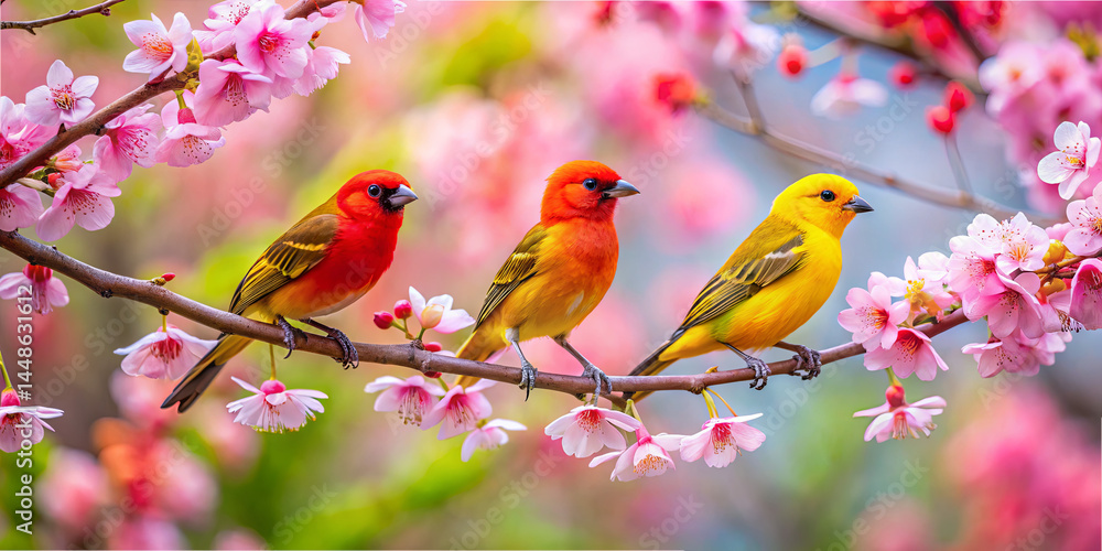 Three brightly colored birds sit on a branch adorned with blooming cherry blossoms. The setting showcases the essence of spring with beautiful flowers and lively colors Three brightly colored birds sit on a branch adorned with blooming cherry blossoms. The setting showcases the essence of spring with beautiful flowers and lively colors