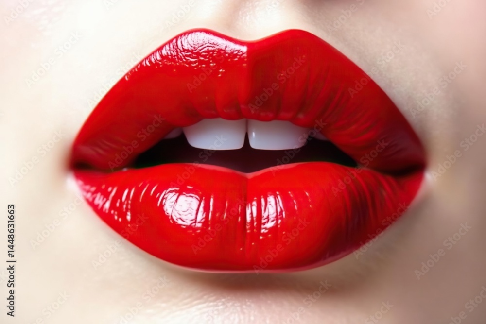 Obraz premium Close-up of luscious red lips against pure white , studio shot, focus, attractive