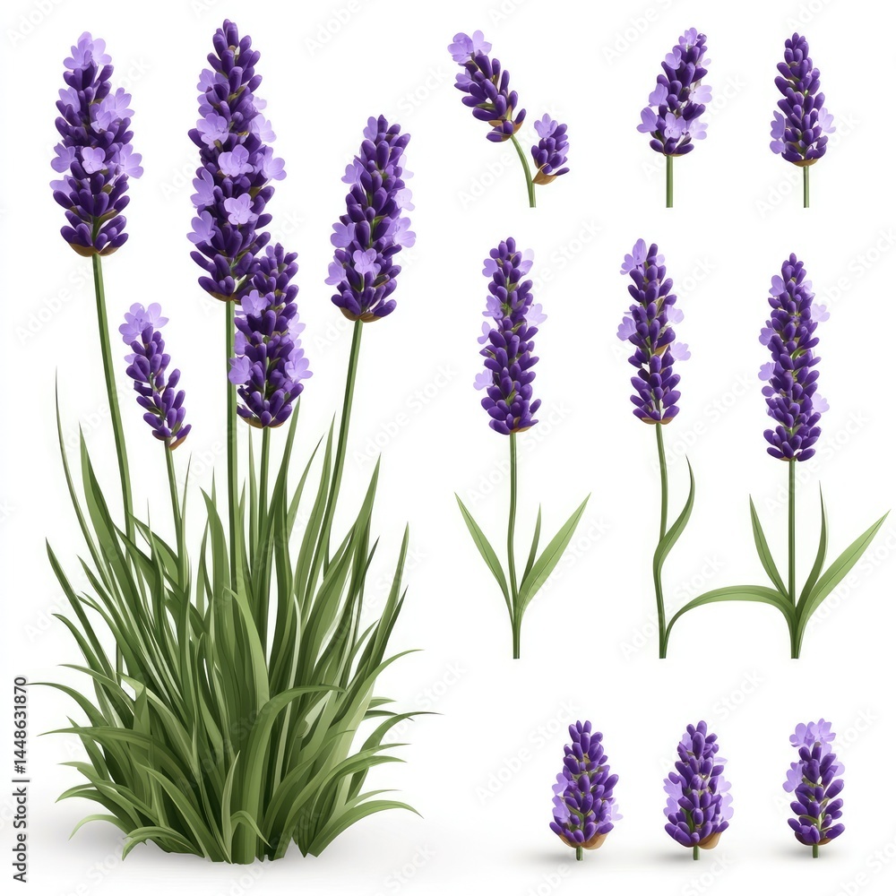 Obraz premium Collection of Realistic Lavender Flowers and Plants: Detailed Botanical Illustration of Purple Lavender Blooms, Isolated on White Background, Perfect for Design and Decoration