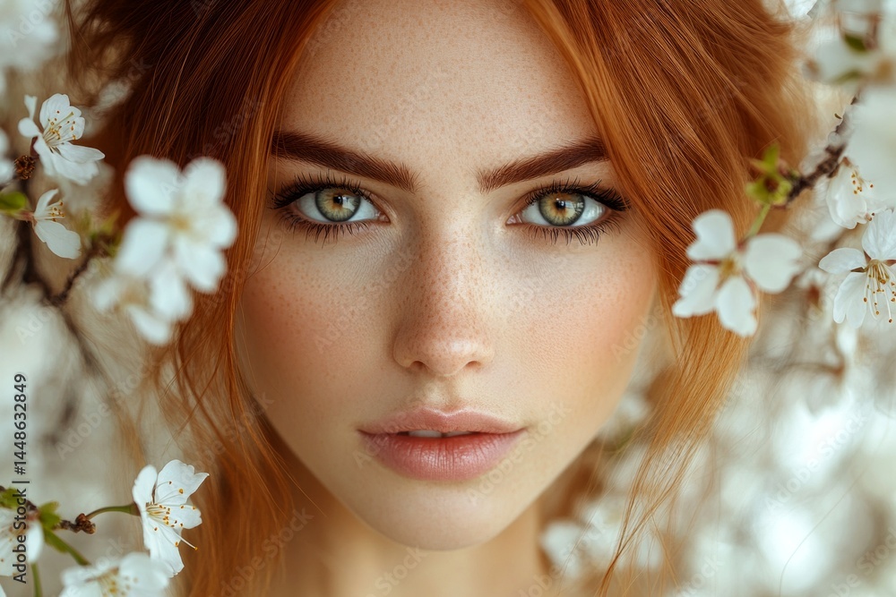Pretty caucasian young woman surrounded by cherry blossoms. Commercial marketing visual idea. Spring mood, dawn light and fog. Woman with flowers in vibrant spring setting.